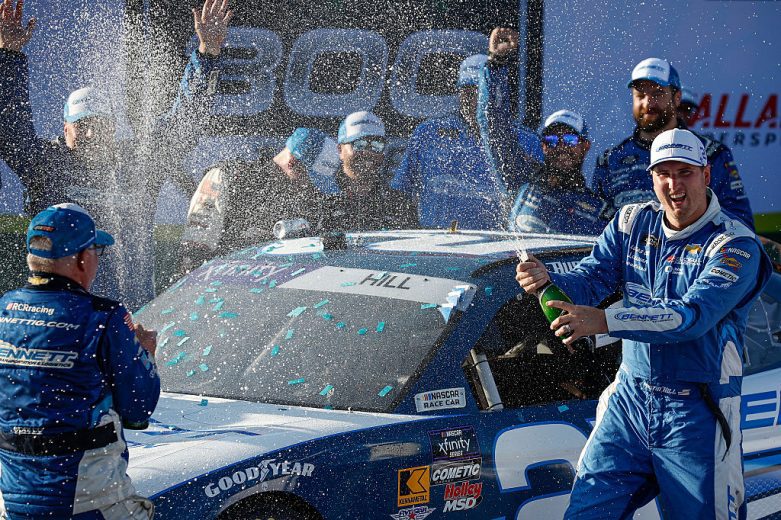 Austin Hill celebrates in Victory Lane at Talladega.