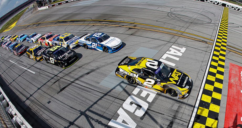 The green flag flies at Talladega Superspeedway to begin a NASCAR Xfinity Series race.