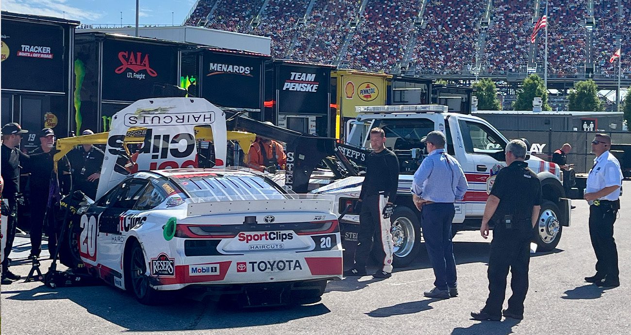 Christopher Bell's No. 20 car sits in the garage at Talladega.