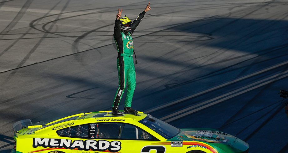 austin cindric celebrates his talladega win