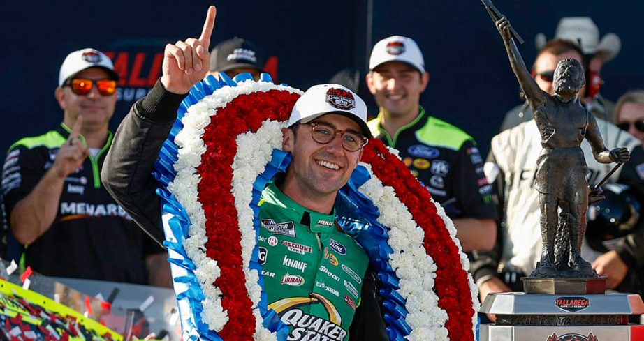 Austin Cindric celebrates in Victory Lane at Talladega Superspeedway with the No. 2 team