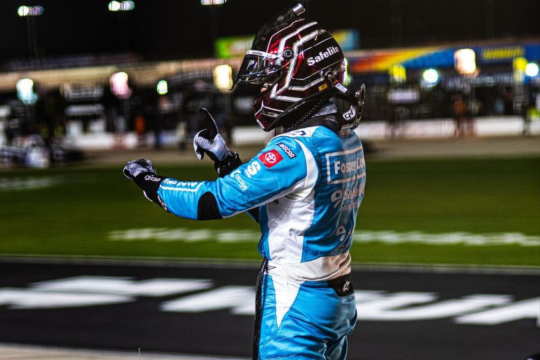 Corey Heim celebrates after winning at Texas.