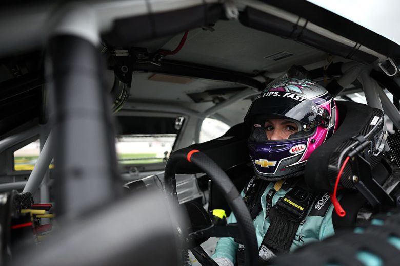 Katherine Legge sits in her car at Texas.