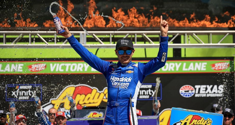 Kyle Larson celebrates in Victory Lane at Texas.