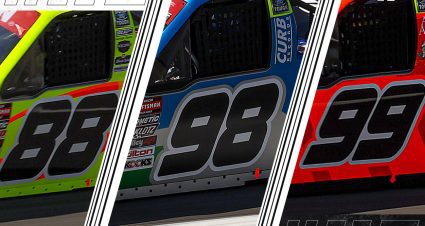 A split image of ThorSport's Nos. 88, 98 and 99 trucks.