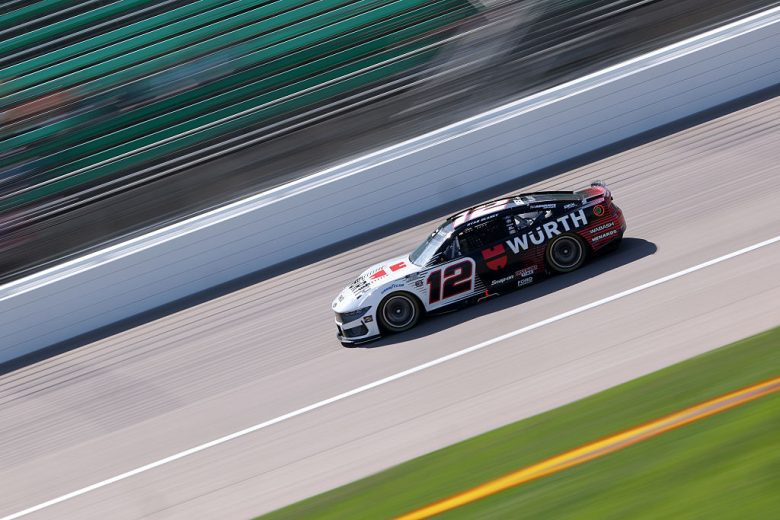 Ryan Blaney drives at Kansas.