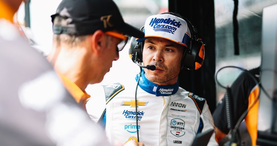 Kyle Larson Looks on durning Indy 500 practice at the Indianapolis Motor Speedway.