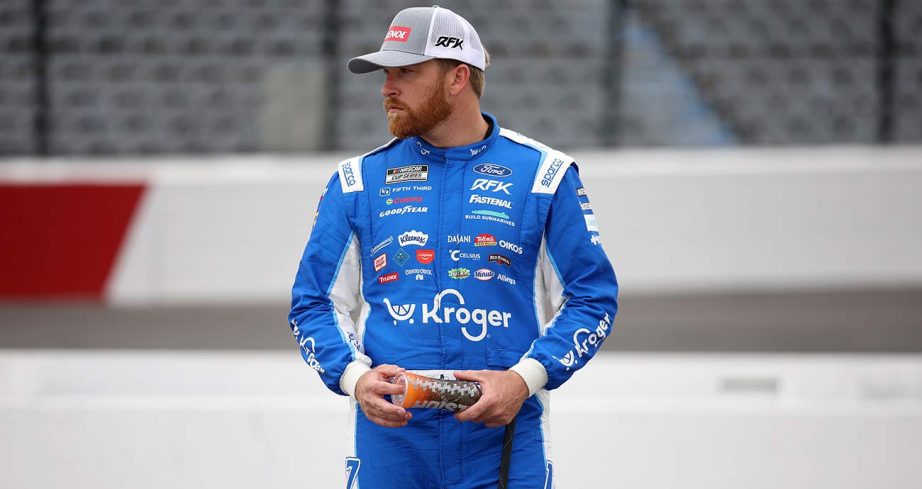 Chris Buescher looks on during Cup Series practice at North Wilkesboro Speedway