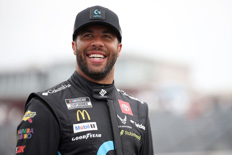 Bubba Wallace smiles at North Wilkesboro.