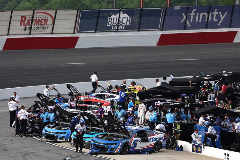 A general view of pit road at North Wilkesboro.