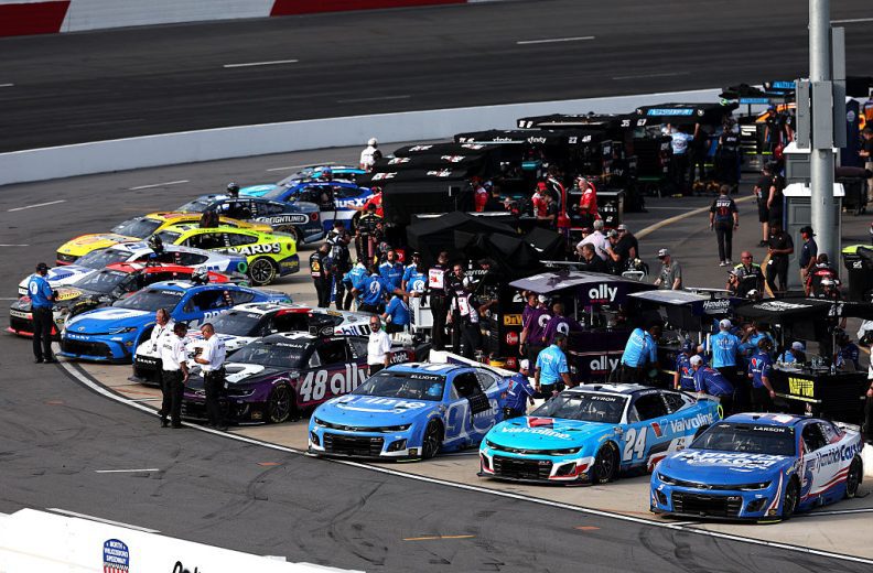 A general view of pit road at North Wilkesboro.