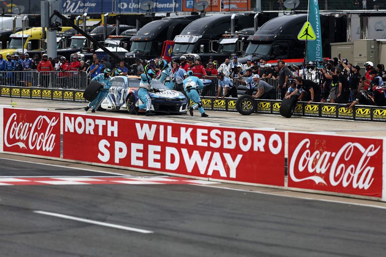 Ross Chastain pits at North Wilkesboro.