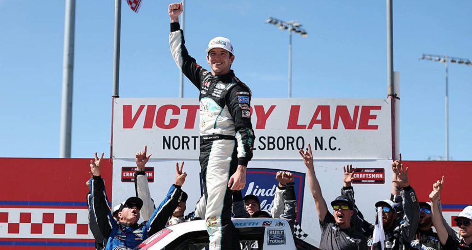 Chandler Smith celebrates in Victory Lane at North Wilkesboro.