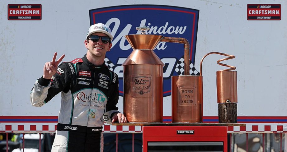 Chandler Smith celebrates in Victory Lane at North Wilkesboro.