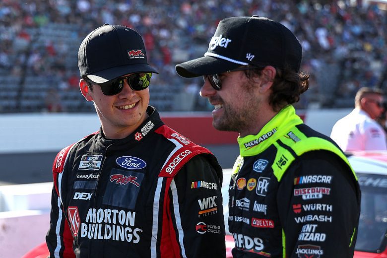 Harrison Burton and Ryan Blaney chat at North Wilkesboro.