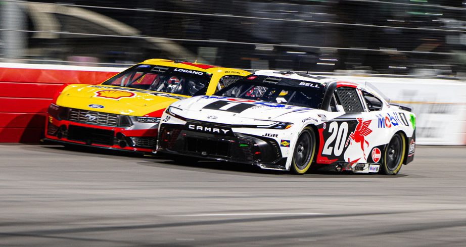 Joey Logano battles with Christopher Bell at North Wilkesboro Speedway.