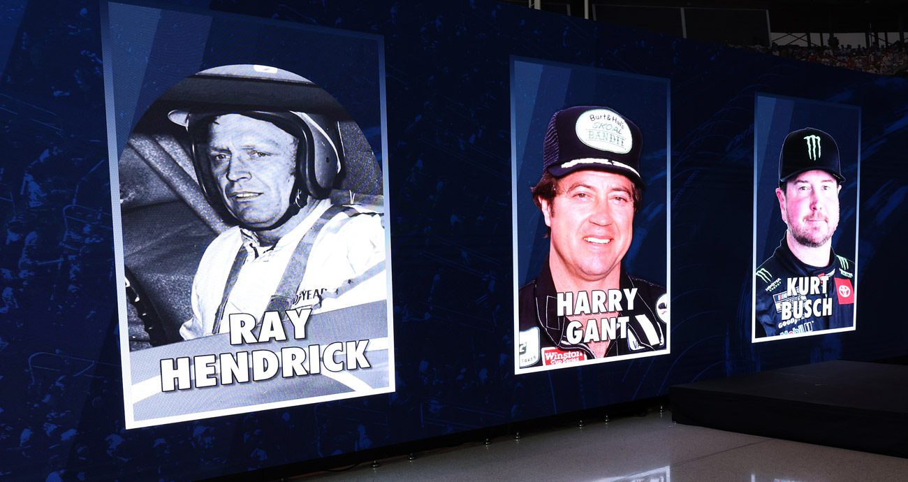 Ray Hendrick, Harry Gant and Kurt Busch are displayed as NASCAR Hall of Fame Class of 2026 members.