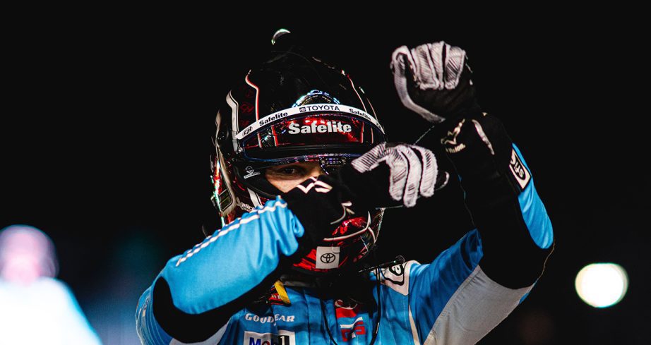 Corey Heim points to wrist in celebration.