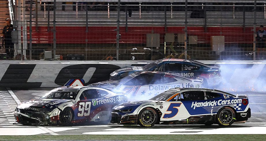 Daniel Suarez, Ryan Blaney and Kyle Larson wreck during the 2025 Coca-Cola 600 at Charlotte Motor Speedway.