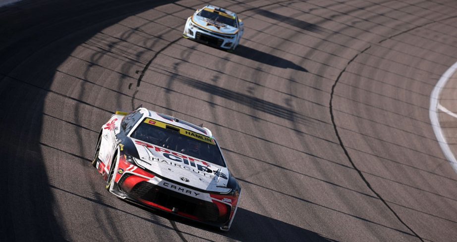 Denny Hamlin drives at Kansas.