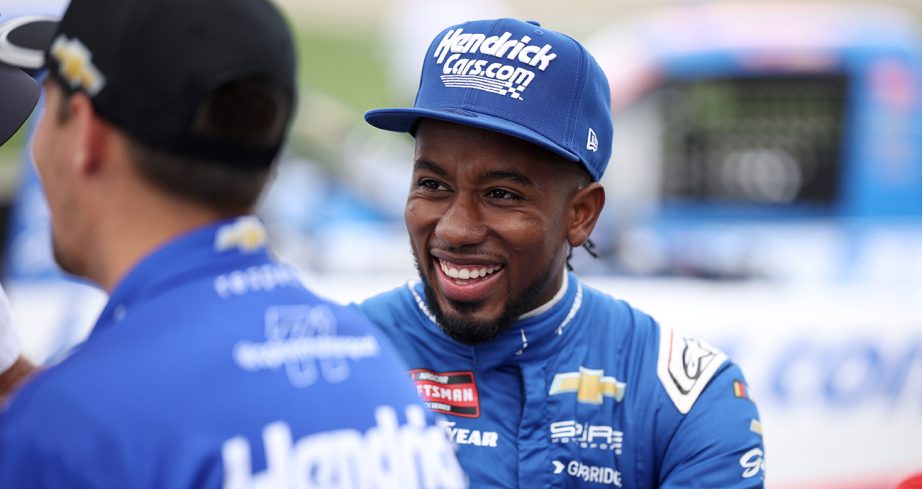 nascar craftsman truck series driver rajah cart smiles during practice at nashville superspeedway