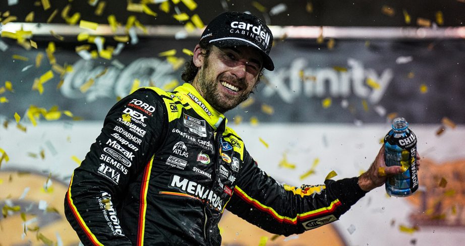 ryan blaney celebrates his nascar cup series win at nashville
