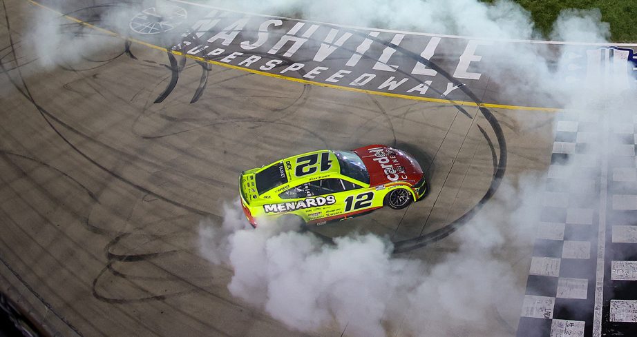 ryan blaney does a burnout after winning sunday's nascar cup series race at nashville