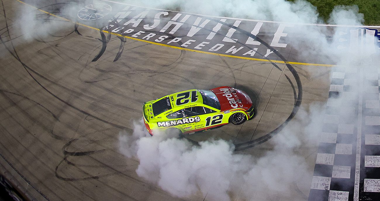 ryan blaney does a burnout after winning sunday's nascar cup series race at nashville
