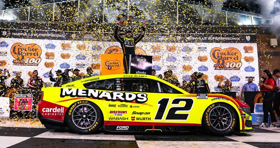 ryan blaney celebrates his nascar cup series win at nashville