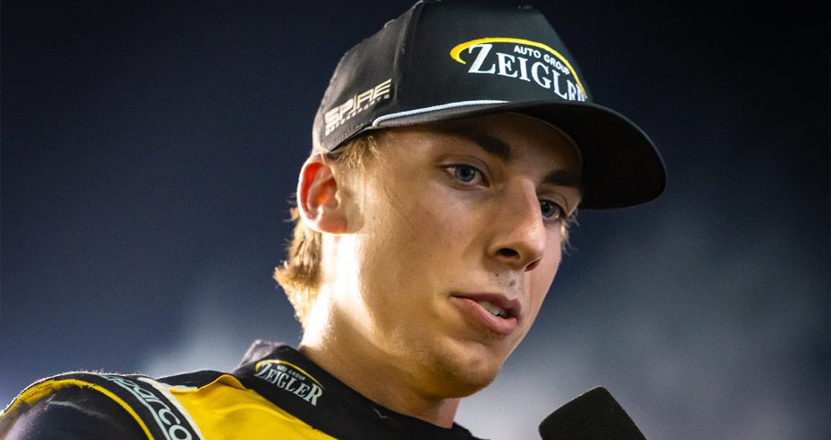 Carson Hocevar talks with the Prime Video crew post-race at Nashville Superspeedway
