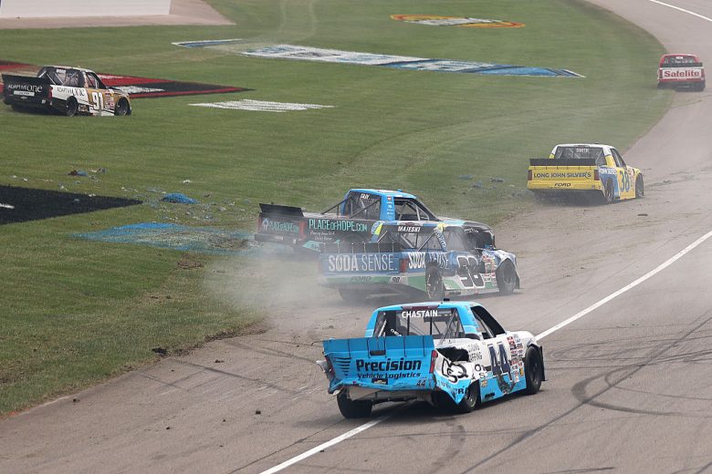 Multiple trucks wreck at Michigan.