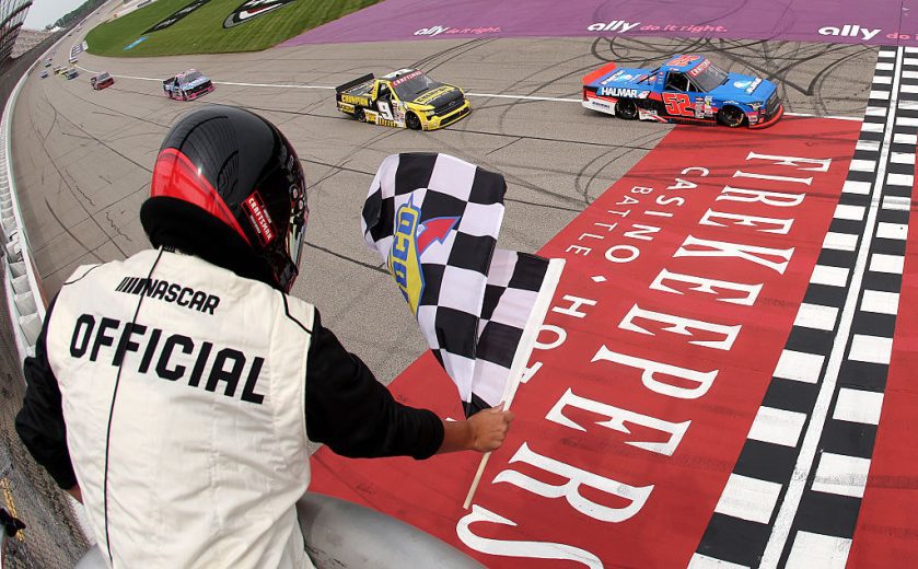 Stewart Friesen takes the checkered flag at Michigan.