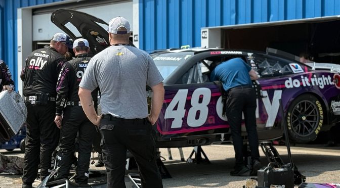 Featured image for Bowman’s No. 48 Chevrolet takes hard hit in multicar Michigan melee
