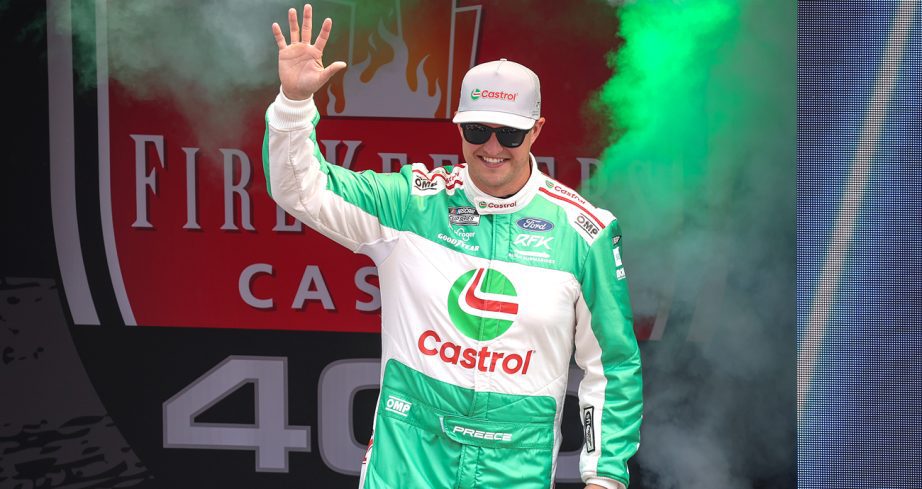 Ryan Preece waves to fans as he walks onstage during driver intros before the NASCAR Cup Series FireKeepers Casino 400 at Michigan International Speedway on June 8, 2025 in Brooklyn, Michigan.