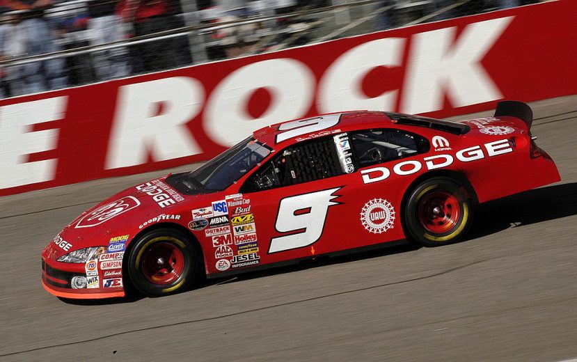 Bill Elliott races in the No. 9 Dodge at Rockingham Speedway.