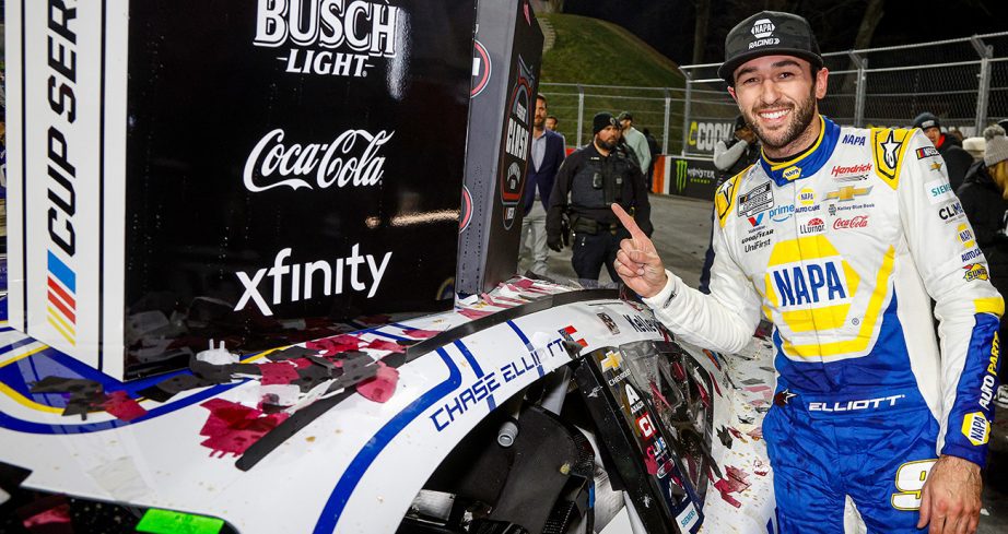 chase elliott celebrates a win at bowman gray stadium in the nascar cup series