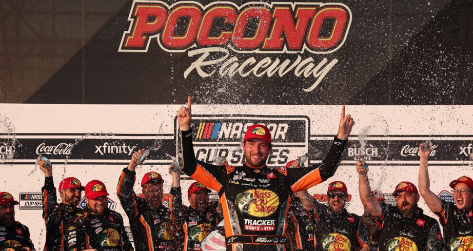 Chase Briscoe celebrates in Victory Lane at Pocono Raceway.