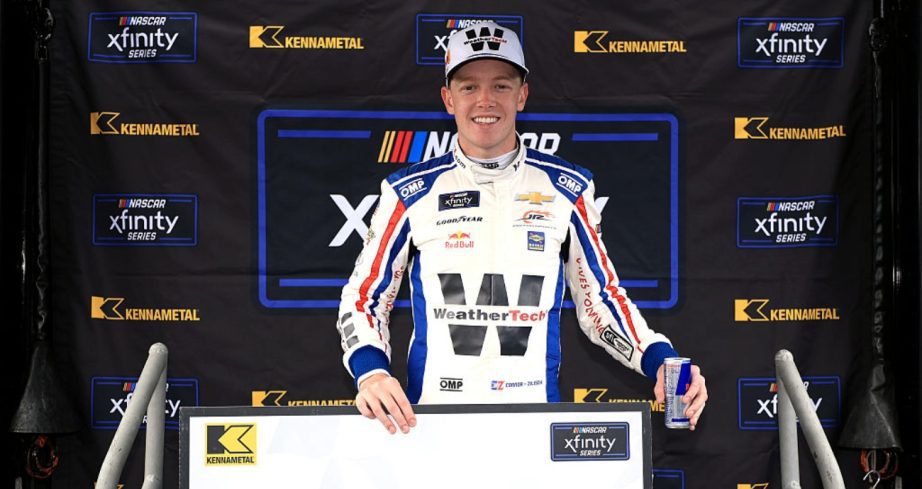 Connor Zilisch celebrates after winning the pole in Mexico City.