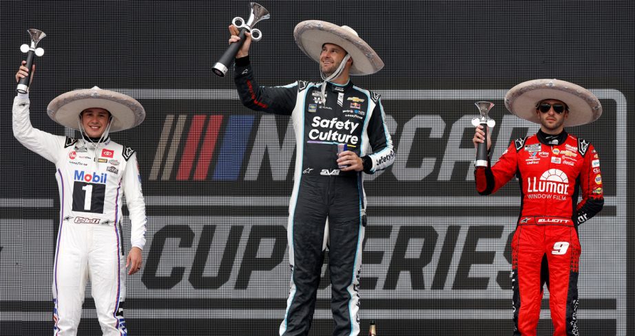 Shane Van Gisbergen (C) winner, Christopher Bell, (L) second place, and Chase Elliott, third place celebrate in Victory Lane the NASCAR Cup Series Viva Mexico 250 at Autodromo Hermanos Rodriguez on June 15, 2025 in Mexico City, Mexico.