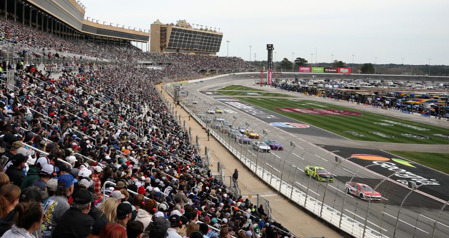 A general view of racing from the grandstands during the NASCAR Cup Series Ambetter Health 400 at Atlanta Motor Speedway on February 23, 2025 in Hampton, Georgia.
