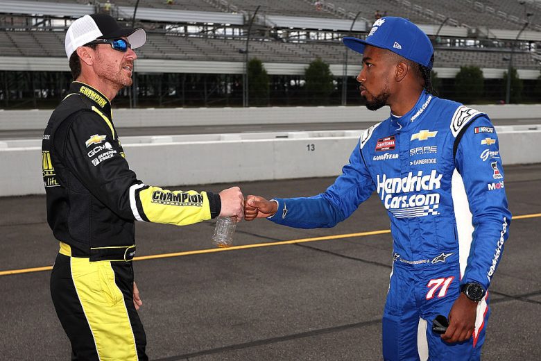 Grant Enfinger and Rajah Caruth shake hands at Pocono.
