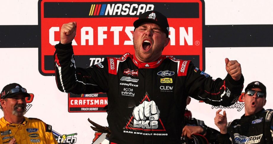 Layne Riggs celebrates in Victory Lane at Pocono.