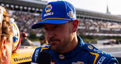 Daniel Hemric speaks at Pocono after a NASCAR Craftsman Truck Series race.