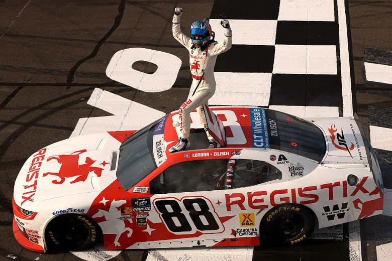 Connor Zilisch celebrates after winning at Pocono.