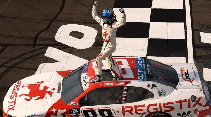 Featured Image for Connor Zilisch wins Xfinity Series race at Pocono with Dale Jr. as crew chief