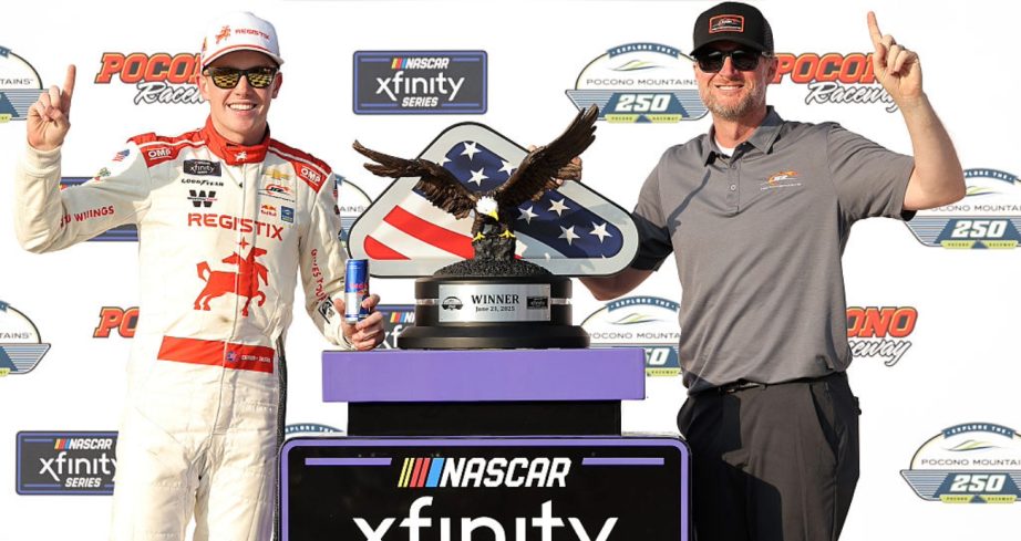 Connor Zilisch and Dale Earnhardt Jr. celebrate in Victory Lane at Pocono.