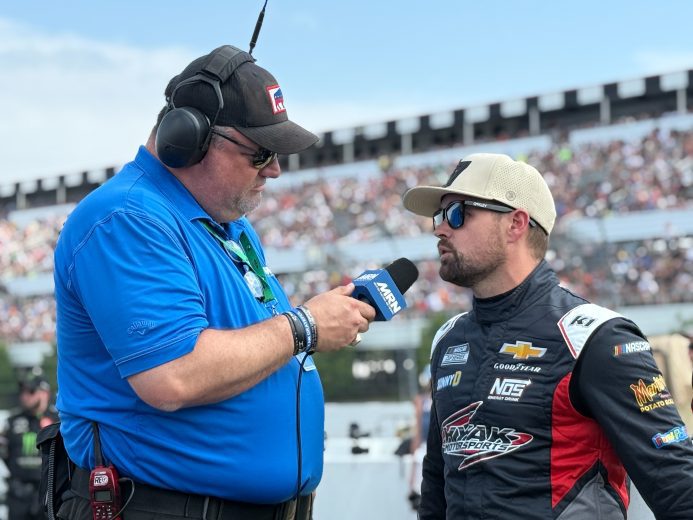 Ricky Stenhouse Jr. gives on-air interview to MRN while waiting on pit road at Pocono.