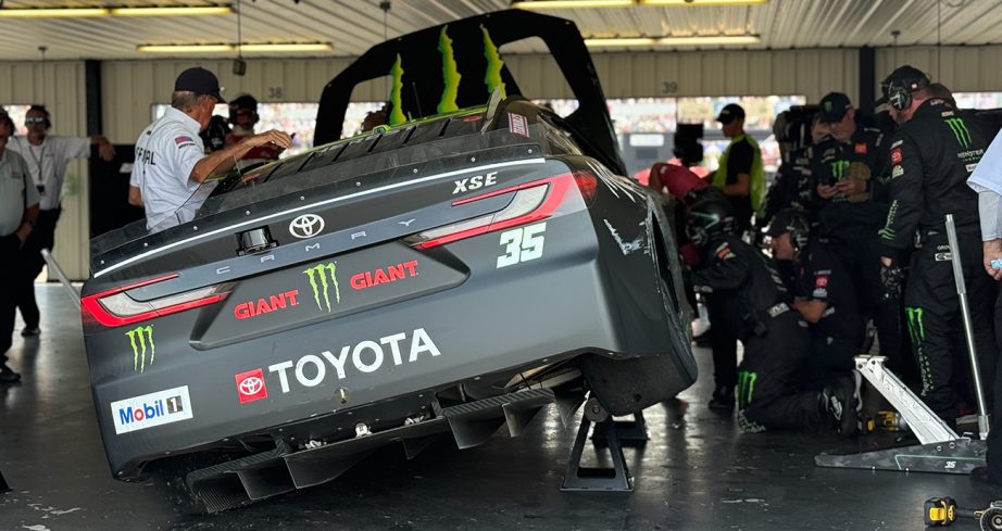 No. 35 23 Racing Toyota, driven by Riley Herbst, gets work done in the garage
