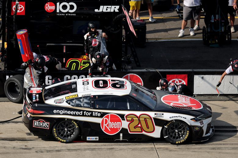 No. 20 Joe Gibbs Racing Toyota, driven by Christopher Bell, pits at Pocono Raceway.