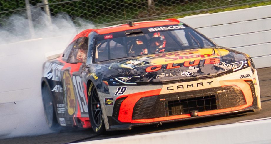 Chase Briscoe celebrates with a burnout after Pocono win.
